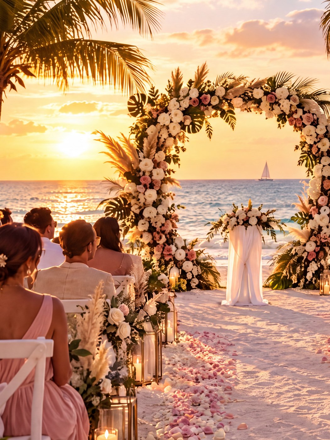Ceremonia de boda en la playa al atardecer con arco de flores